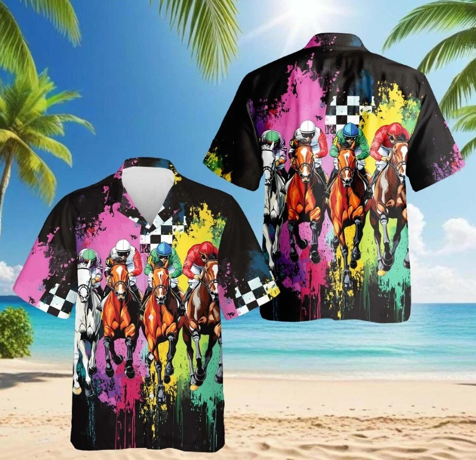Racing Horse Hawaiian Shirt, Horse Racing Aloha Shirt, Equestrian Button Down Su