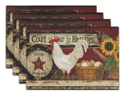 Farmhouse Placemats set of 4 12x18in Count Your Blessings Chicken New