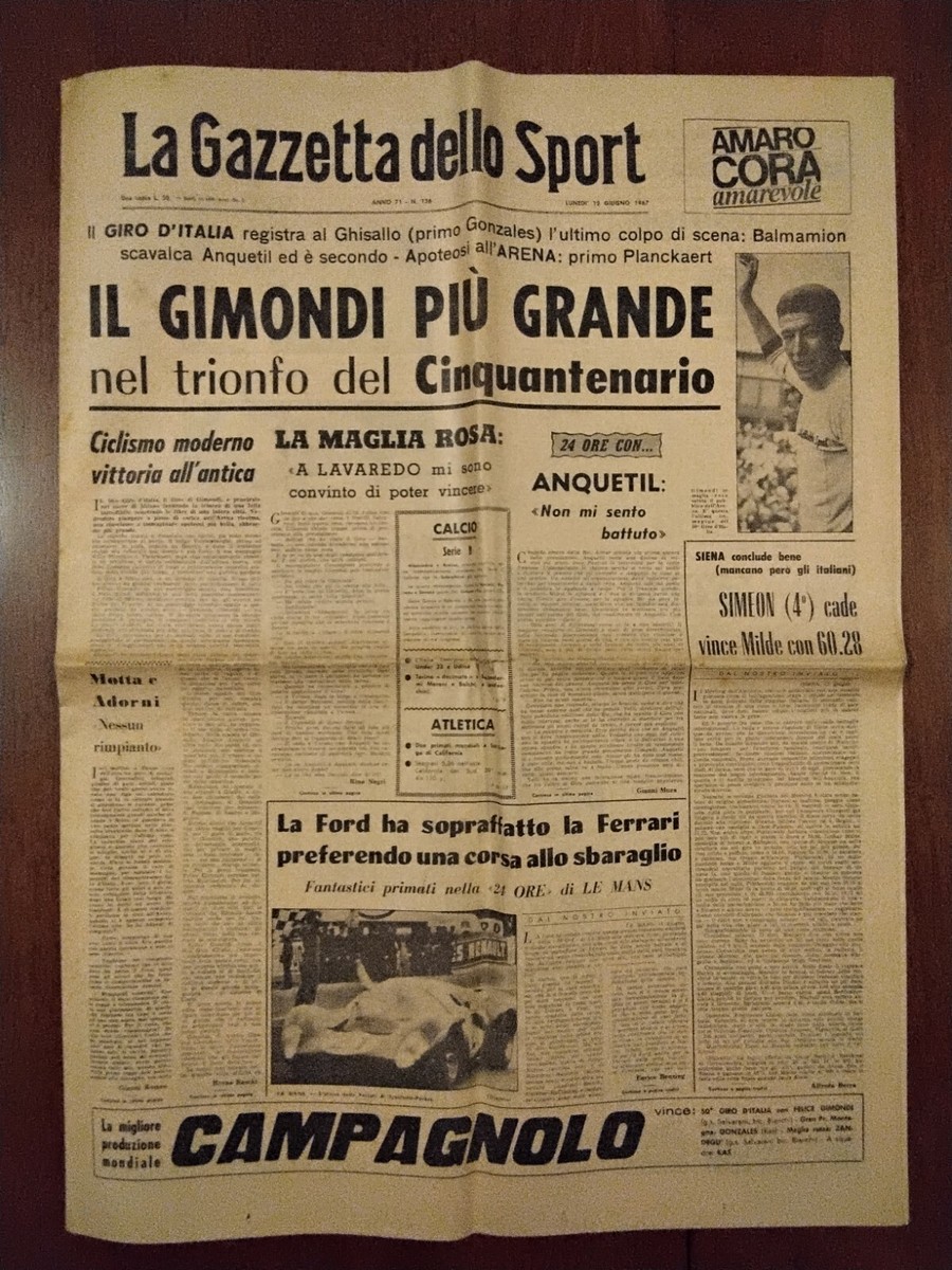 LA GAZZETTA DELLO SPORT 12/6/1967 FELICE GIMONDI VINCE IL 50⁰ GIRO D’ITALIA