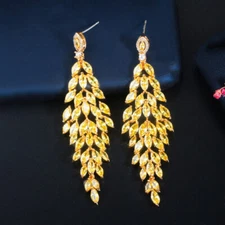 Yellow Gold Plated CZ Crystal Leaf Long Dangling Drop Earring 925 Silver Jewelry