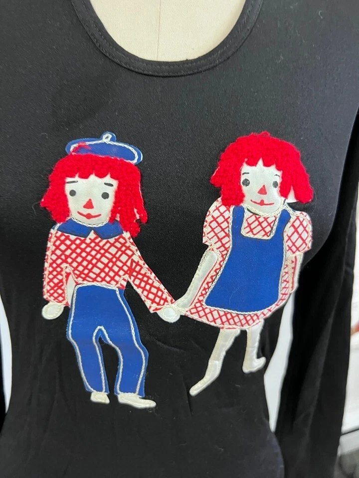 Top Súper Raro De Colección Años 70 Raggedy Ann Andy Apliques Negro Nylon Tejido S M Foto 2 de 4