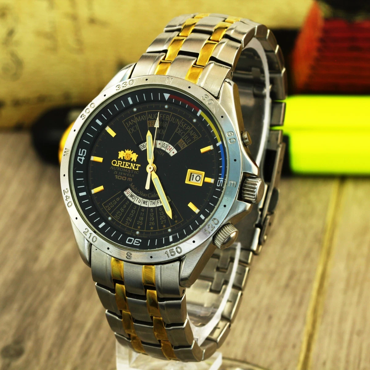 Orient 100 m Multi Year Calendar automatic men s wristwatch cal 46D40 black dial
