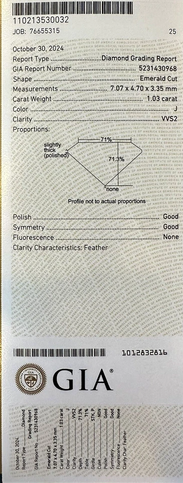 CERTIFICADO GIA 1.03 CT CLARTY VVS2 COLOR J CORTE ESMERALDA SUELTO DIAMANTE NATURAL Foto 3 de 3