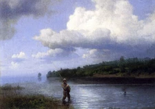 Oil painting fisher by the river landscape Fly-Fishing-Herman-Herzog handmade