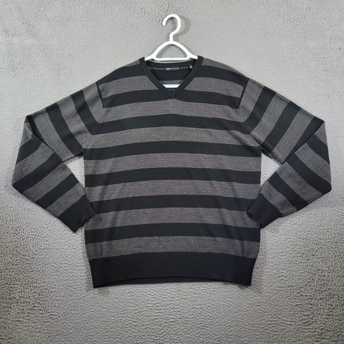 Paper Denim Cloth Sweater Mens Medium Gray Striped Vneck Classiccore Preppy - 第 1/11 張圖片