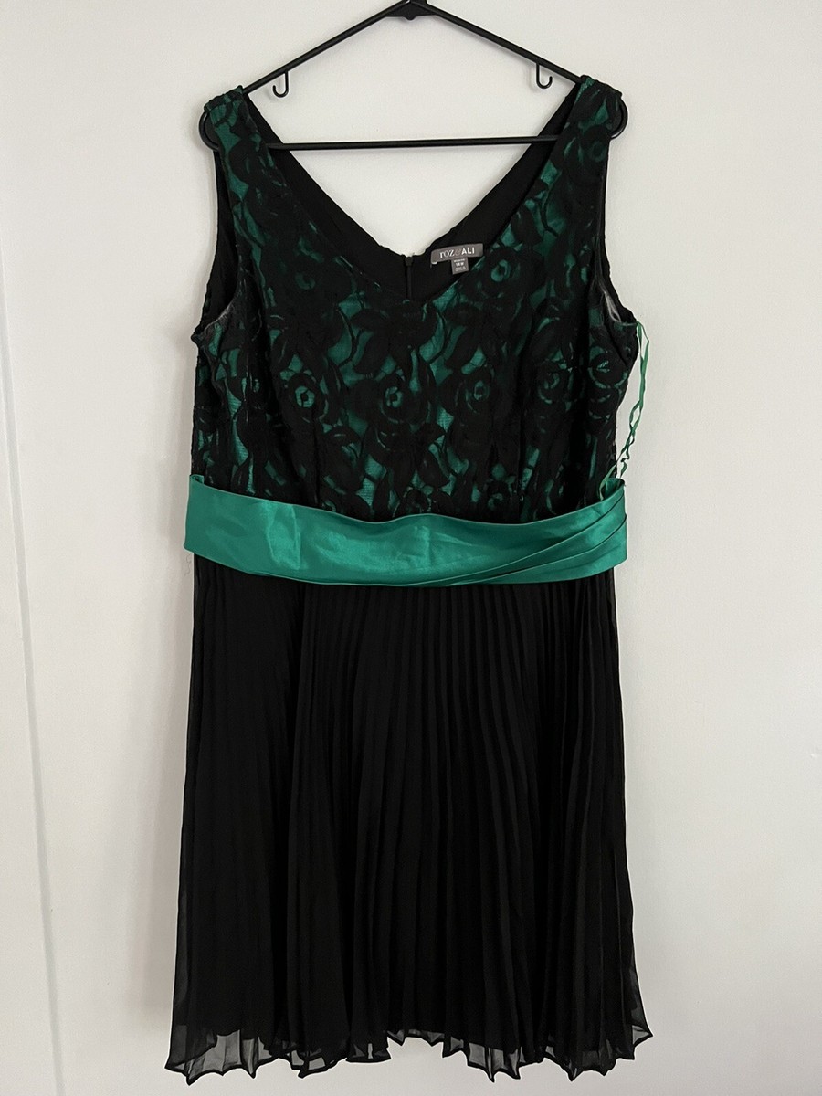Roz Ali Womens Black And Green Formal Dress Lace Top Pleated