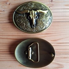 Long horns Bull skull head western country oval bronze belt buckle