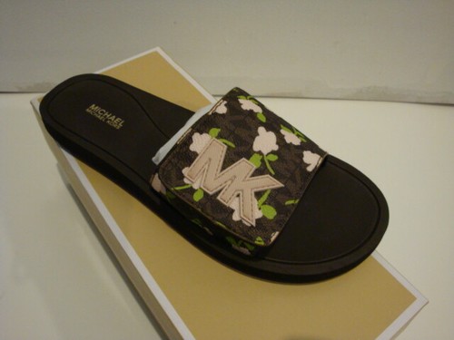 NWB Michael Kors Slide Sandal Soft Faux Leather Brown Multi Mini Rose Size 7