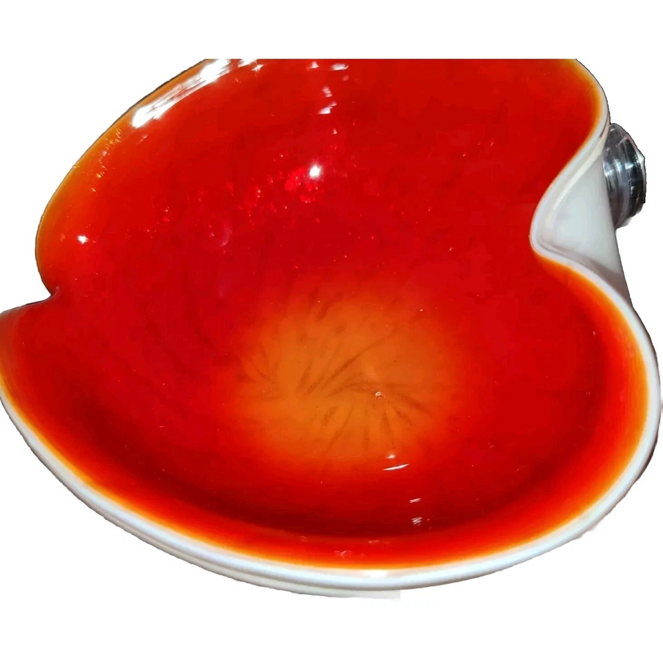 Cuenco de vidrio artístico rojo naranja manchas doradas caja blanca MCM abstracto soplado a mano Foto 3 de 4