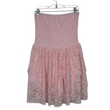 Pink Lace Mini Dress LARGE Strapless Coquette Balletcore Tiered Ruffle Feminine