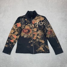 Jess & Jane Eastern Flower Black Cotton Zip Mock Neck Jacket Small Made in USA