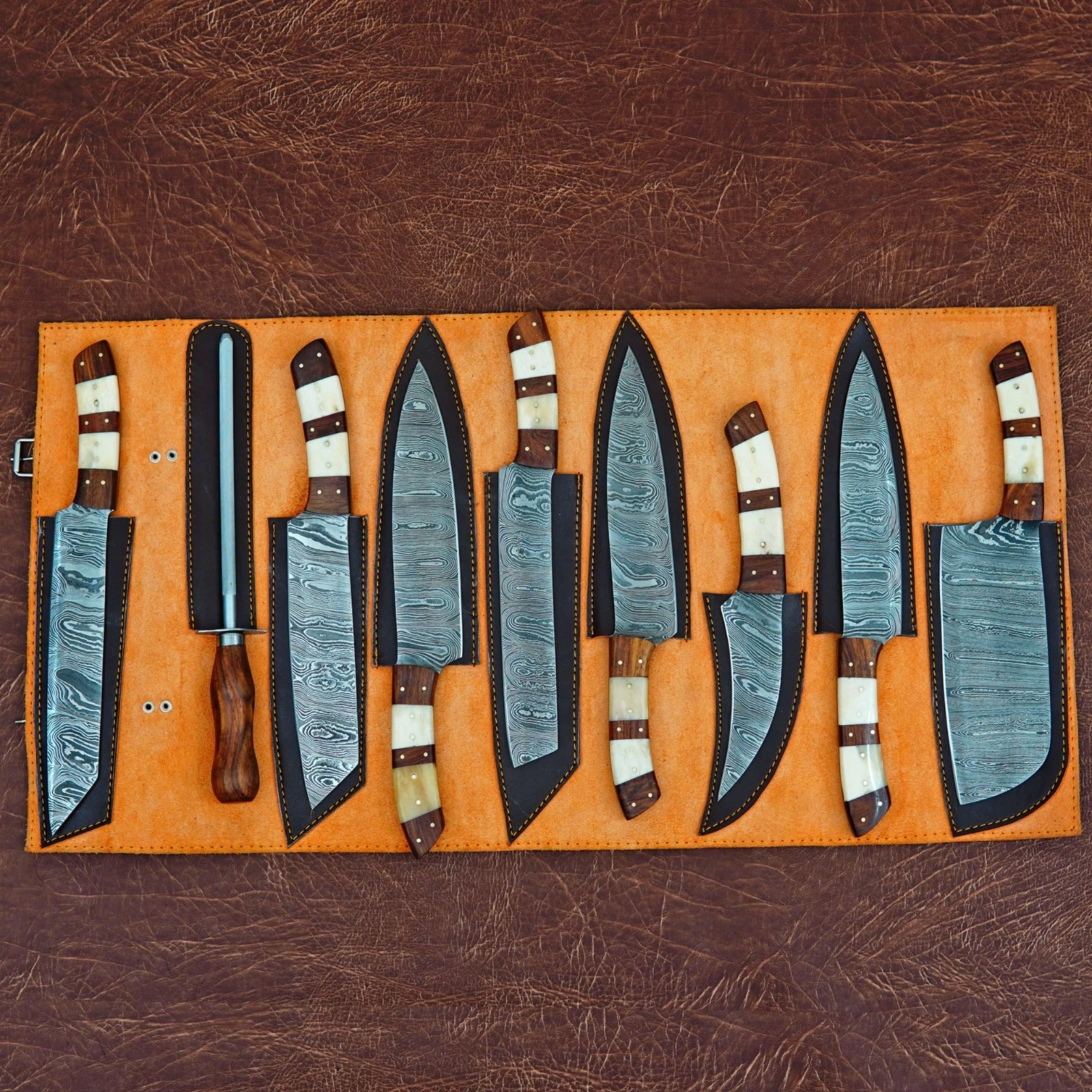 9 Piece Handmade Sharp Damascus Steel Chef Cutlery Steak Knife Bone Wood Handle