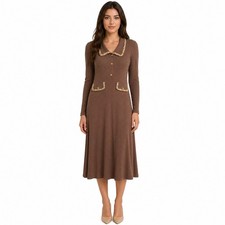 Cider 2020s Brown Ribbed Midi Dress Gold Trim Stretch L