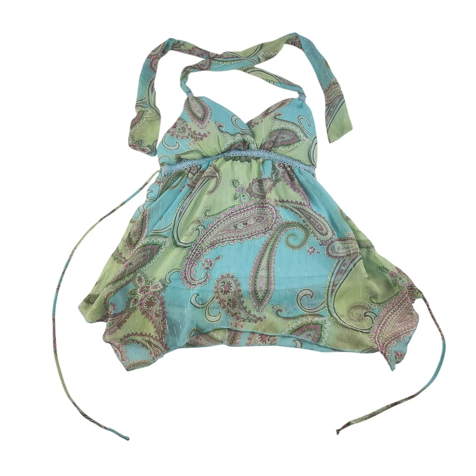 Top Halter Vintage Y2k Pequeño Años 2000 Paisley Verde Azul Encaje Gasa Fairycore Foto 3 de 4