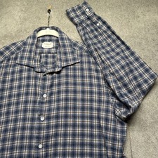 Borrelli Napoli Italian Blue Plaid Flannel Shirt Soft Cotton Tailored 44 XL