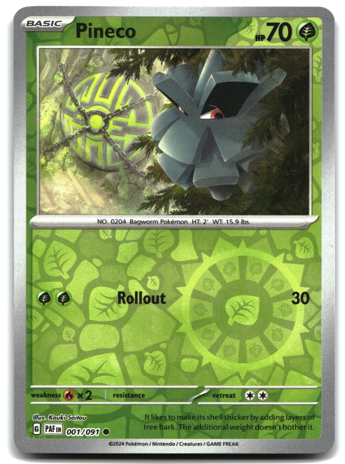 Pokemon Pineco - REVERSE HOLO Common SV: Paldean Fates 001/091 LP