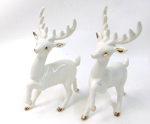 Pair Vintage 1960s Christmas Reindeer Figurines White with Gold