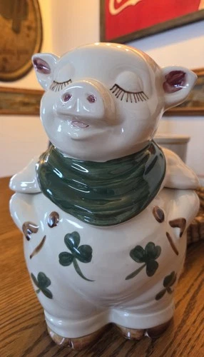 Vintage MCM 1940s-  SHAWNEE POTTERY SMILEY Pig Shamrock Cookie Jar  11.25”