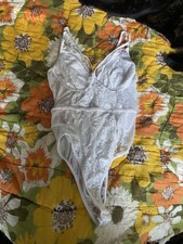 Vintage Lingerie Teddy White sheer white lace nylon L Blush USA