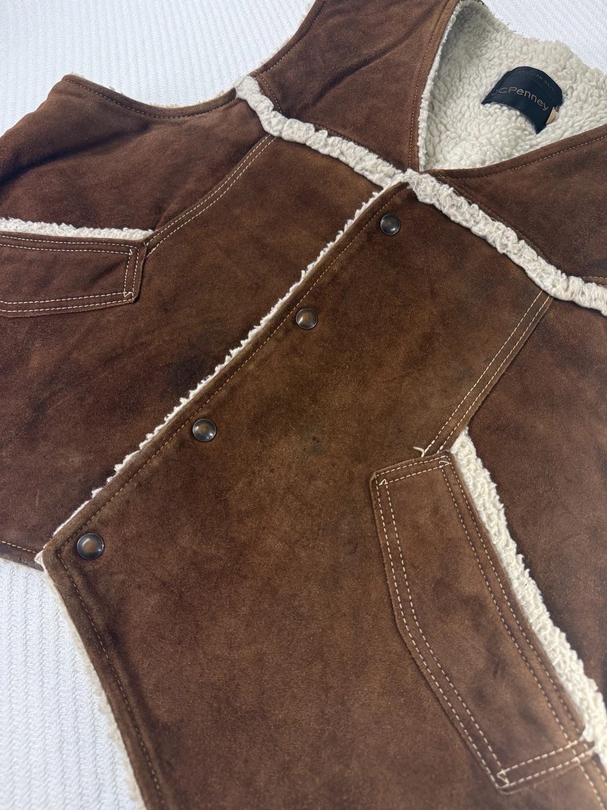 Vintage 70s JCPenney Suede Vest Sherpa Lined Western Brown Mens XL Snap Front image 3