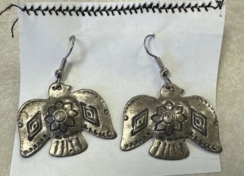 Vintage Hand Hammered Ornate Native American Thunderbird Earrings Pierced Silver