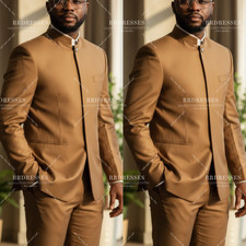 Khaki Men's Formal Suit Wedding Groomman 2Pcs Prom Business Jacket Pants