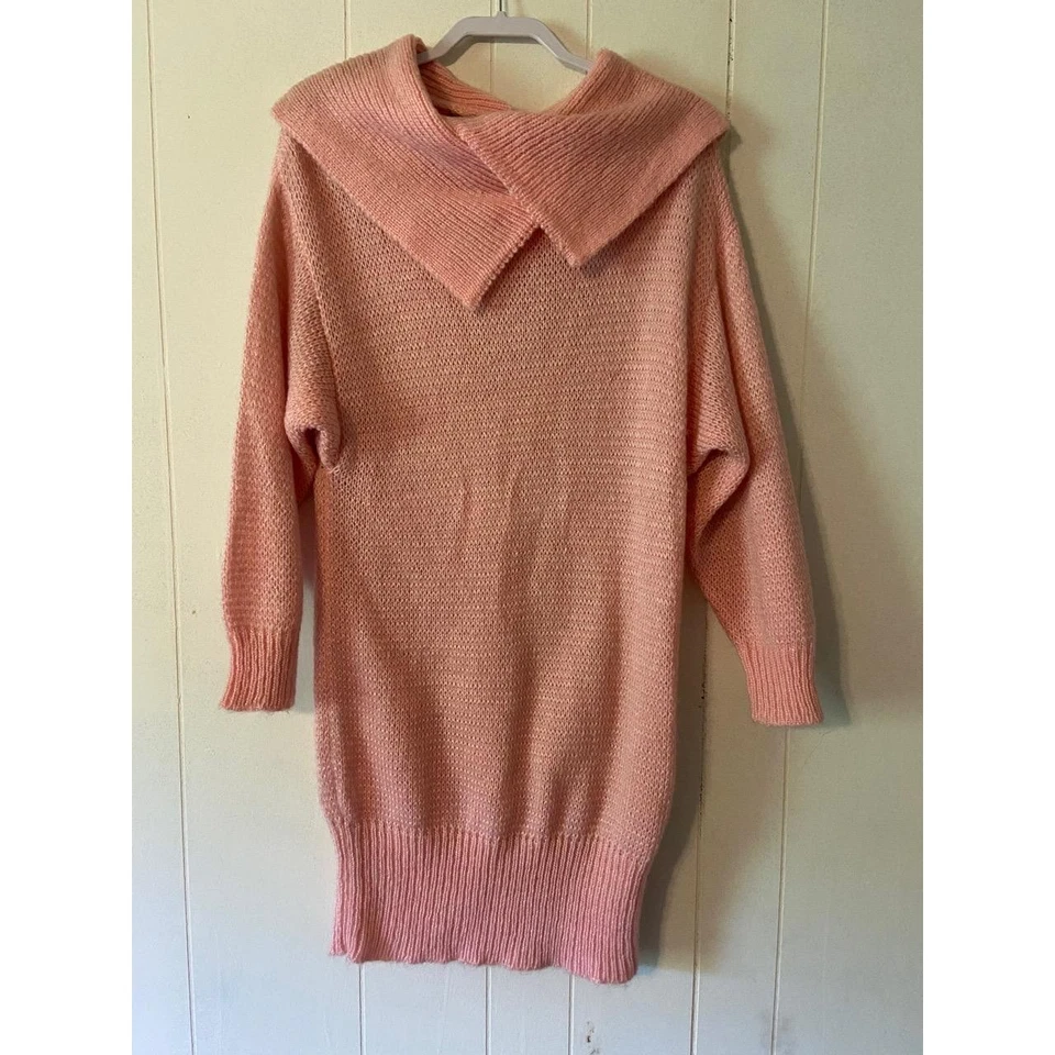 Mujer Suéter Vestido Grande Rosa Claro Años 80 Vintage Tejido Cuello Ancho Acogedor Elegante Foto 2 de 4