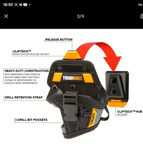 TOUGHBUILT TB-CT-20-S Compact Drill Holster in Black with ClipTech Hub - Picture 2 of 7