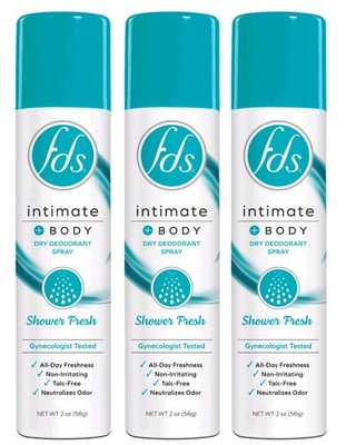 FDS Intimate + Body Dry Deodorant Spray Shower Fresh 2 oz Talc-Free 3 Pack