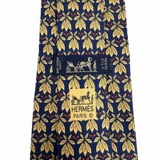 Hermes Men's Tie Leaf Leaves Navy/Yellow Satin Silk 7752 OA 3.5" W 56" L euc