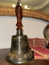 HUGE Vintage Brass Captain  s Bell Wood Handle Decorative Bell 15 1/2  Tall.