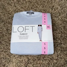 Loft Women's Soft Knit Long Sleeve Top & Pant Henley Sleep Set Blue Stripe Small