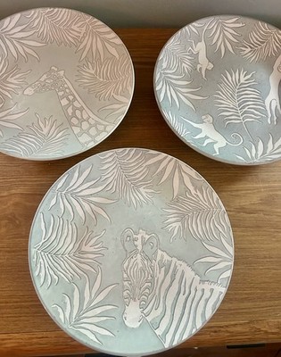 Pier 1 Salad Plates Blue Animals Zebra Monkey Giraffe set of 3 Stoneware 