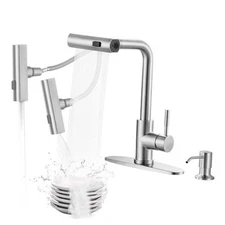 Waterfall: Kitchen Faucet Brushed Nickel Kitchen Faucet with Soap Dispenser