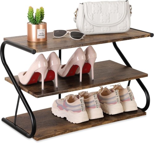 Z Shape Rack Shoe Rack 3 Tier Z-Shaped Shoe Racks for Closet Wood Framed Shoe ...