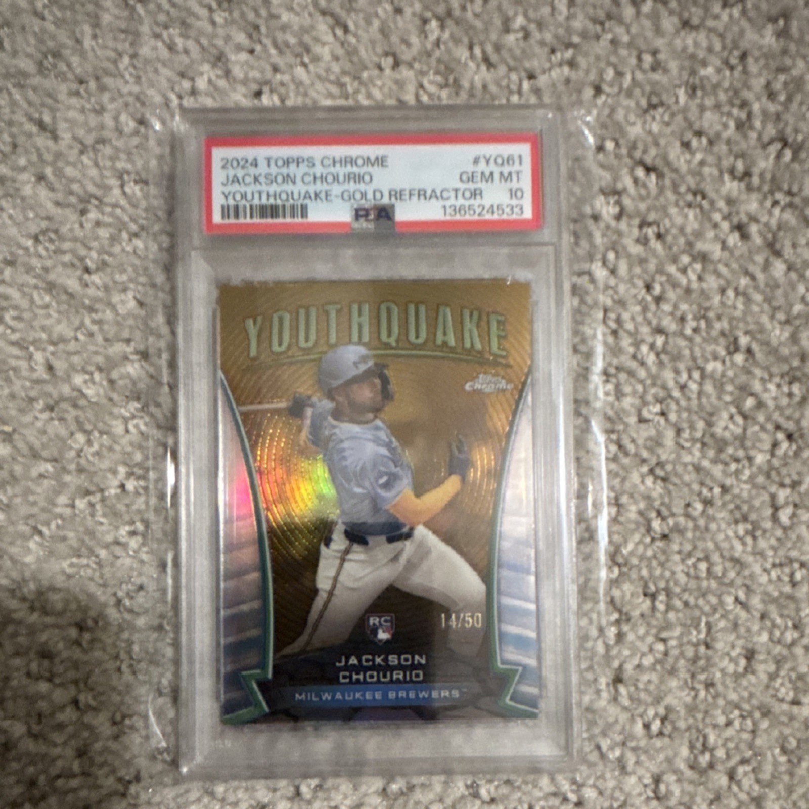 Topps 2024 Chrome Update Youthquake Gold Refractor /50 Jackson Chourio PSA 10 B…