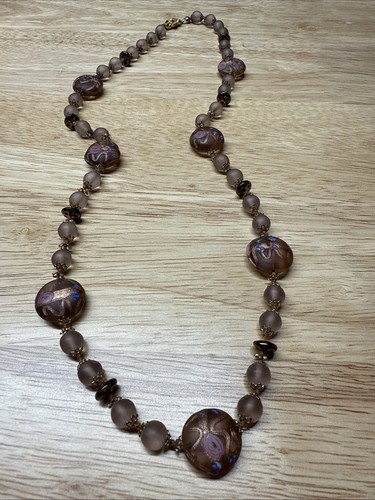 VTG Murano Frosted Purple Glass Wedding Cake Copper Drizzled Bead Necklace