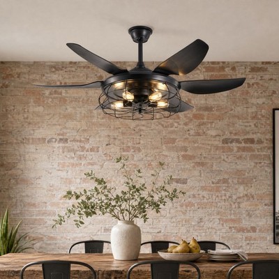 52 inch Modern Black Caged Ceiling Fan Industrial Remote Control Kit with Light