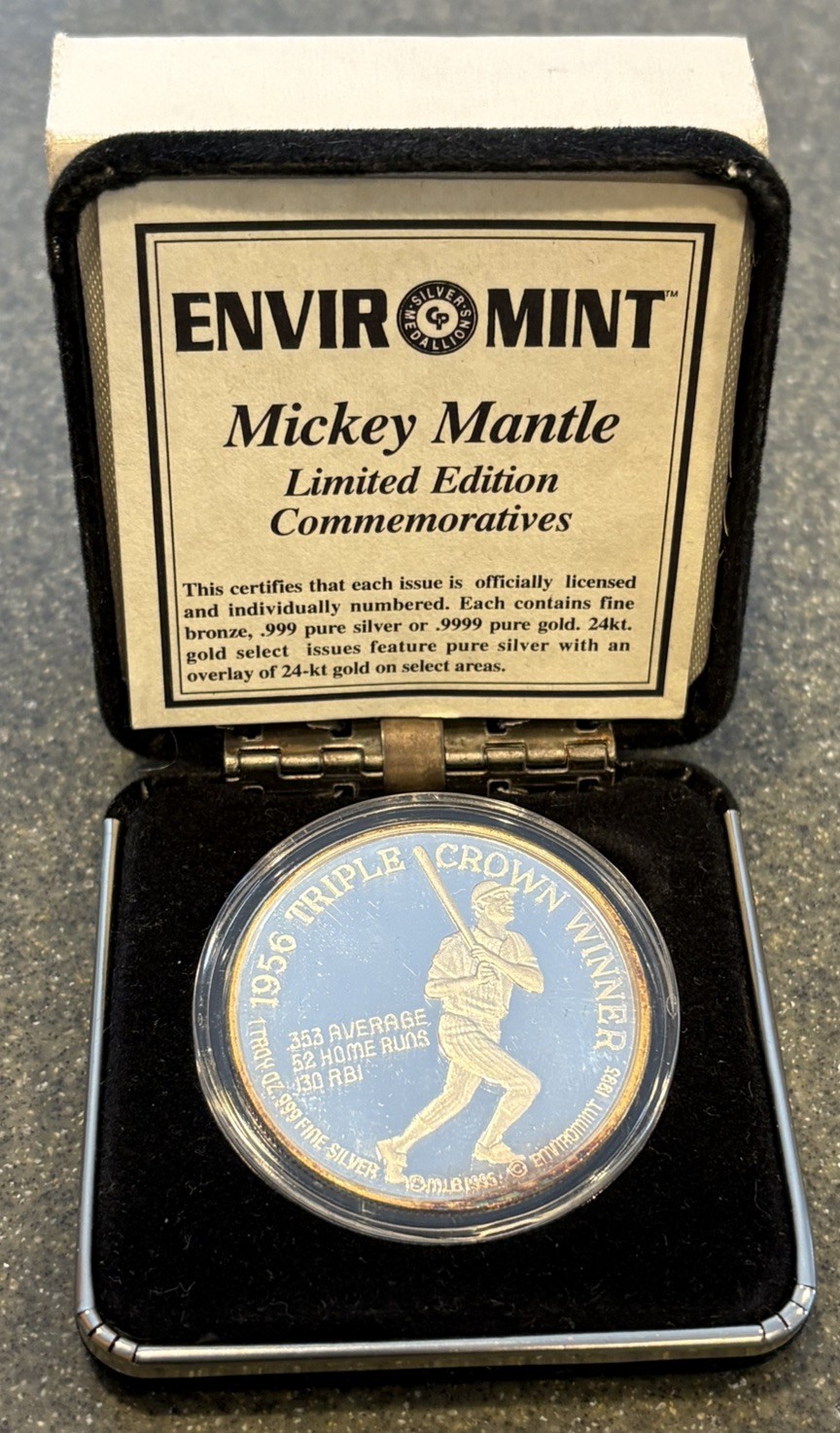 ⚾️ 🔥 1995 Mickey Mantle Enviromint 1 oz Silver  Coin W/24Kt Overlay Coin #870