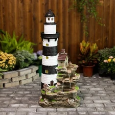 3-Tier Outdoor Waterfall Fountain Lighthouse Water Fountain Garden Decor w/LED