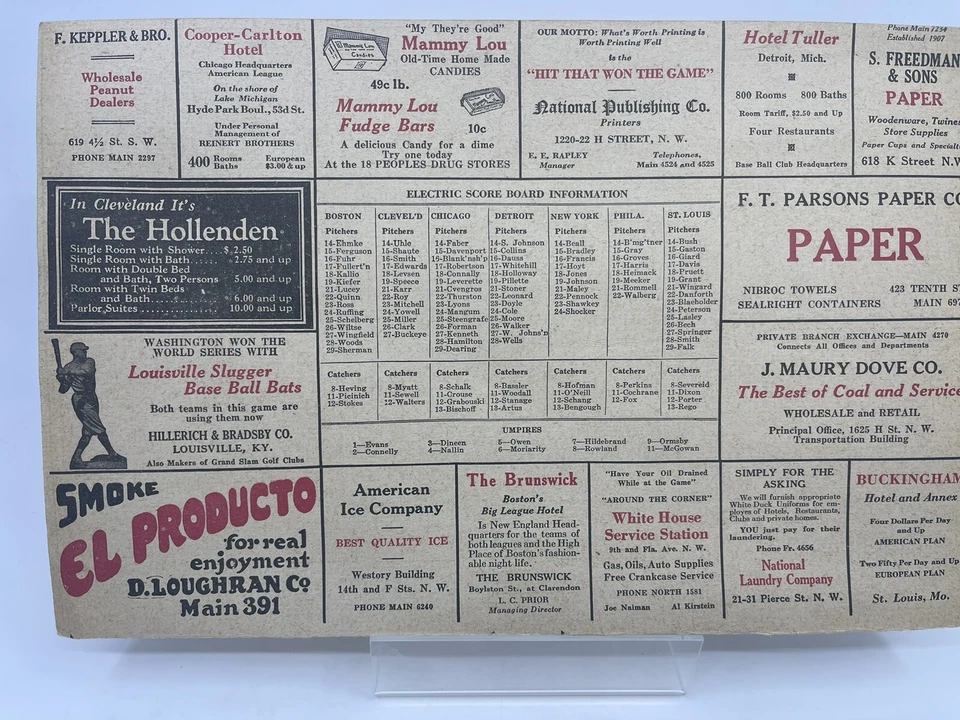 Antique 1920s Baseball Score Card  Boston V Washington Senators  Vintage Ads 2 - Image 2 of 4