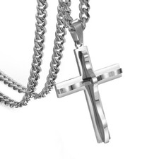 New Silver Mens Cross Pendant Necklace 24'' 6mm Stainless Steel Curb Cuban Chain
