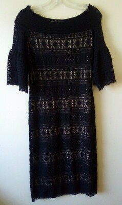 Max Studio schwarz Spitze Bleistiftkleid Gr. 8 XS Bardot Glockenärmel Midi neu