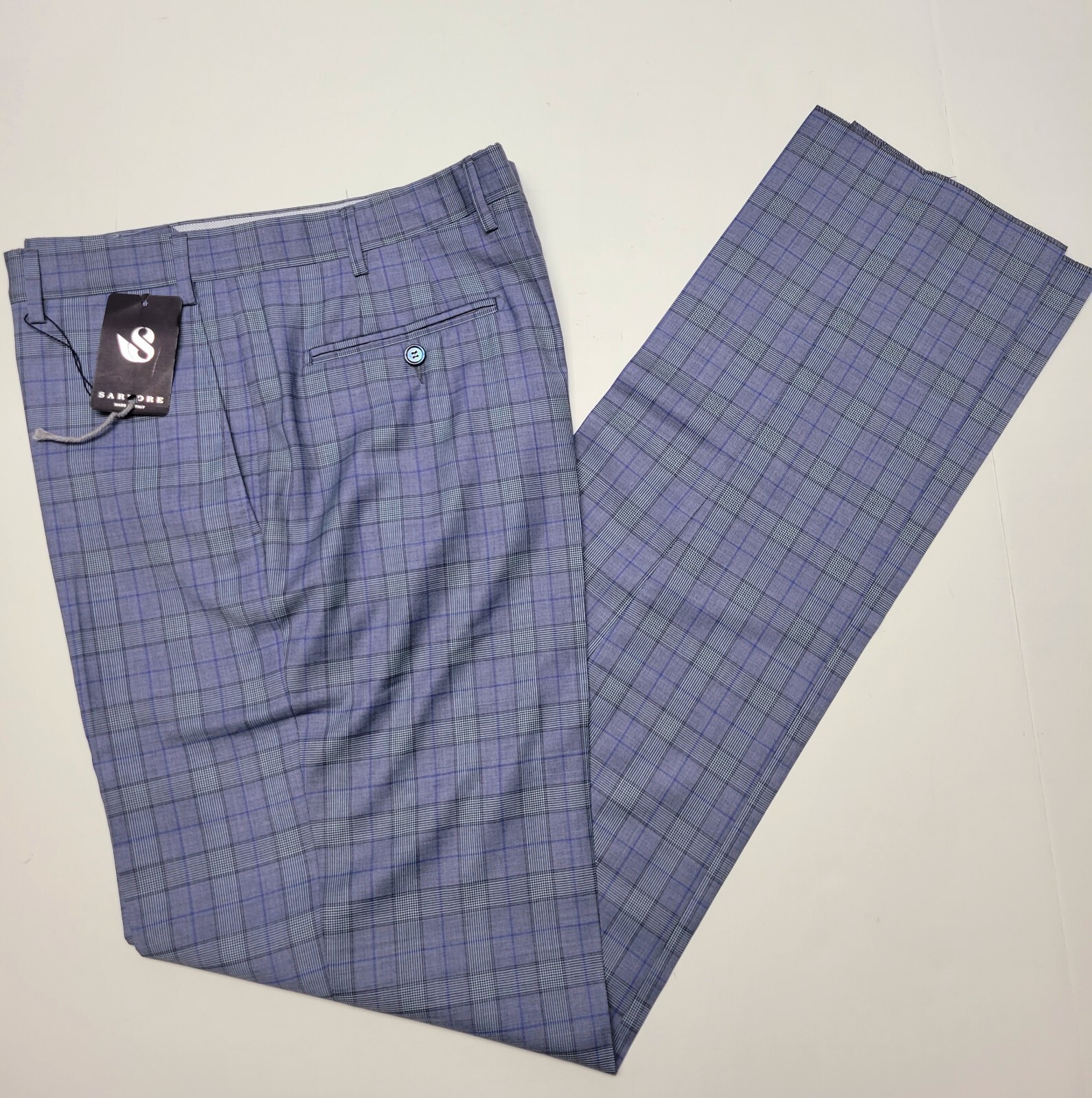 SARTORE x REDA 36x38 Unhemmed Blue Plaid Super 110’s Wool Men's Pants