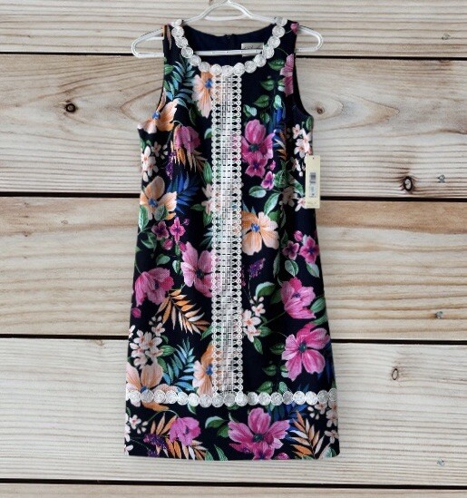 NWT ELIZA J Floral Lace Trim Shift Dress In Blue Multi Sleeveless Sz 8 Party Fun NWT ELIZA J Floral Lace Trim Shift Dress In Blue Multi Sleeveless Sz 8 Party Fun