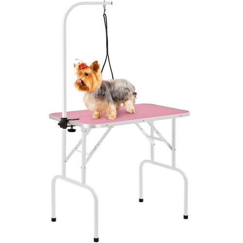 32-inch Dog Cat Foldable Grooming Table with Adjustable Height Arm Pink 2024