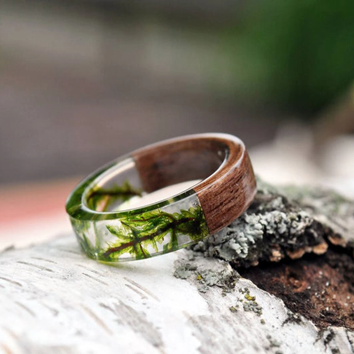 Handmade Wooden Resin Plant Ring Nature Flower Grass Ring Wood Ring Gift