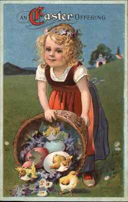 Easter Little Girl with Basket of Hatching Chicks c1910 Vintage Postcard
