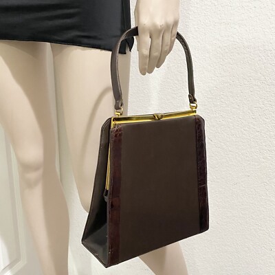 Vintage Sydney of California Brown Leather Croc Trim Top Handle