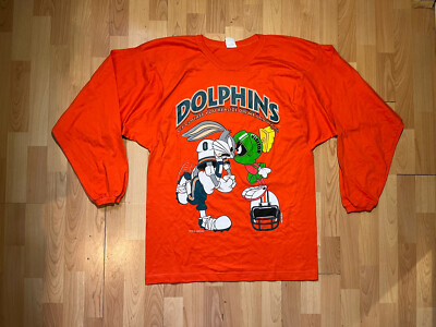 Vintage Miami Dolphins T Shirt Mens Large Orange Long Sleeve Warner Bros 